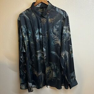 Men’s XXL Cougar Print Graphic Button Up Silky Shirt